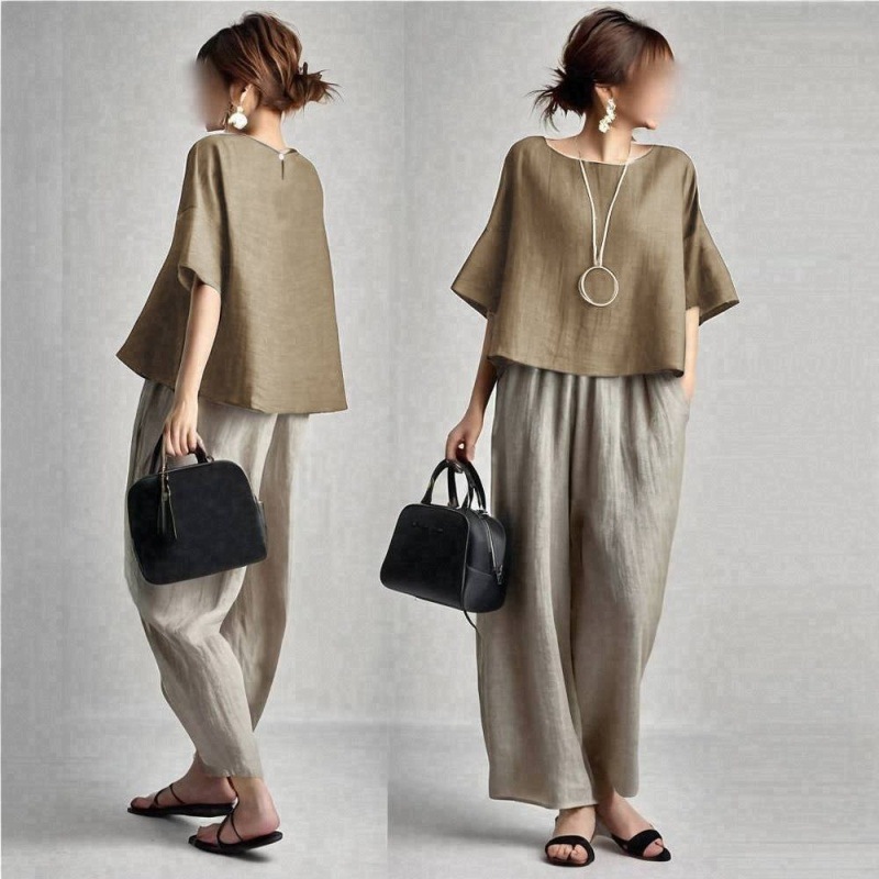 Linen Pant Wide - Two Pieces Women Pant Sets Solid