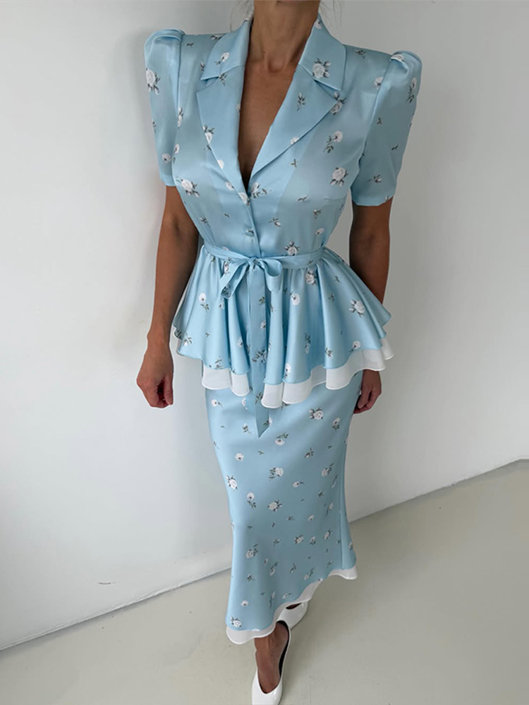 Floral Blazer Coat Skirt Sets  - Midi Skirt Floral 评论和价格
