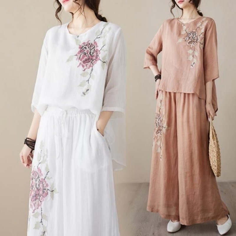 Linen Cotton Two Piece Set Wom - Linen Pant Wide 评论和价格