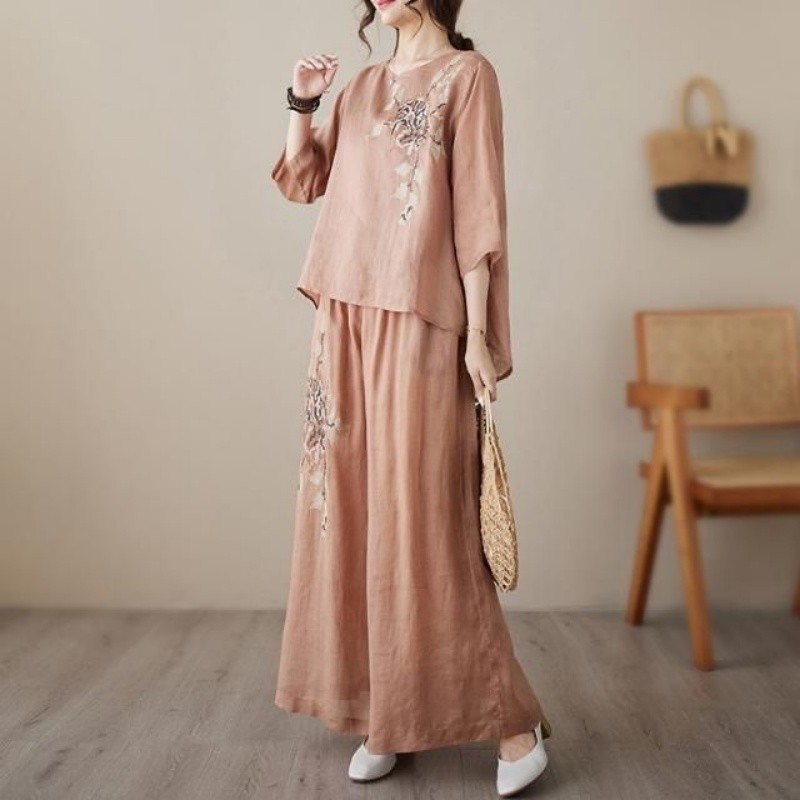 Linen Cotton Two Piece Set Wom - Linen Pant Wide 评论和价格